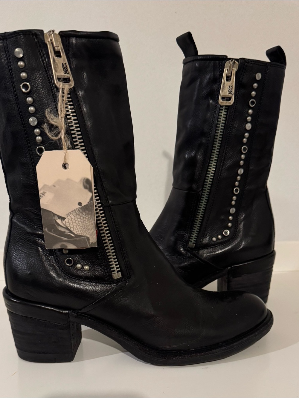 A.S.98 Black Leather Studded Mid-Calf Boots with Side Zippers